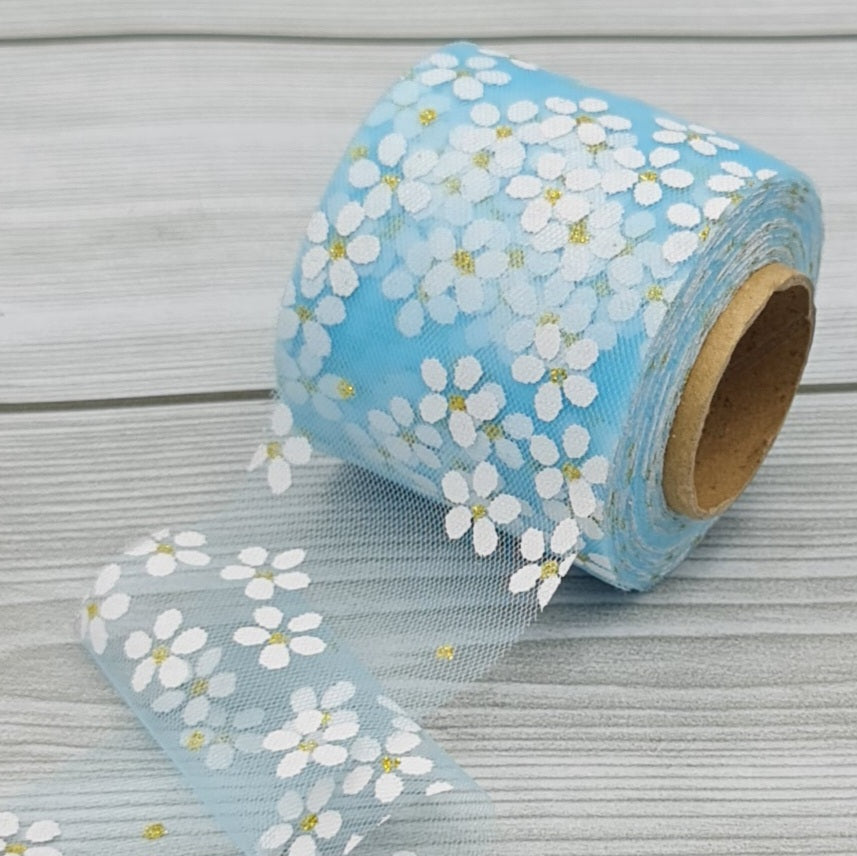 Rotolo Organza con Fiori Azzurro 6cm Gogolandia