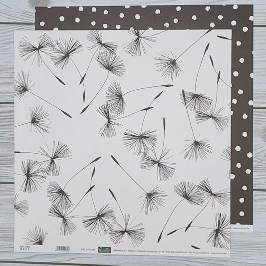 White-Black scrapbooking sheet with dandelions and polka dots