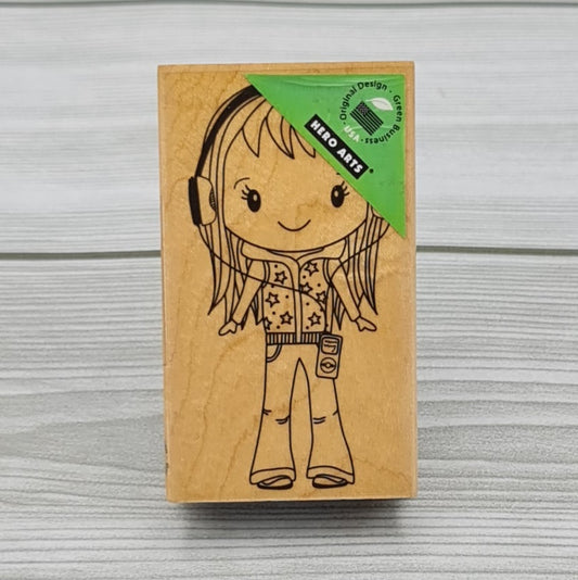 Hero arts wooden stamp Little girl with headphones
