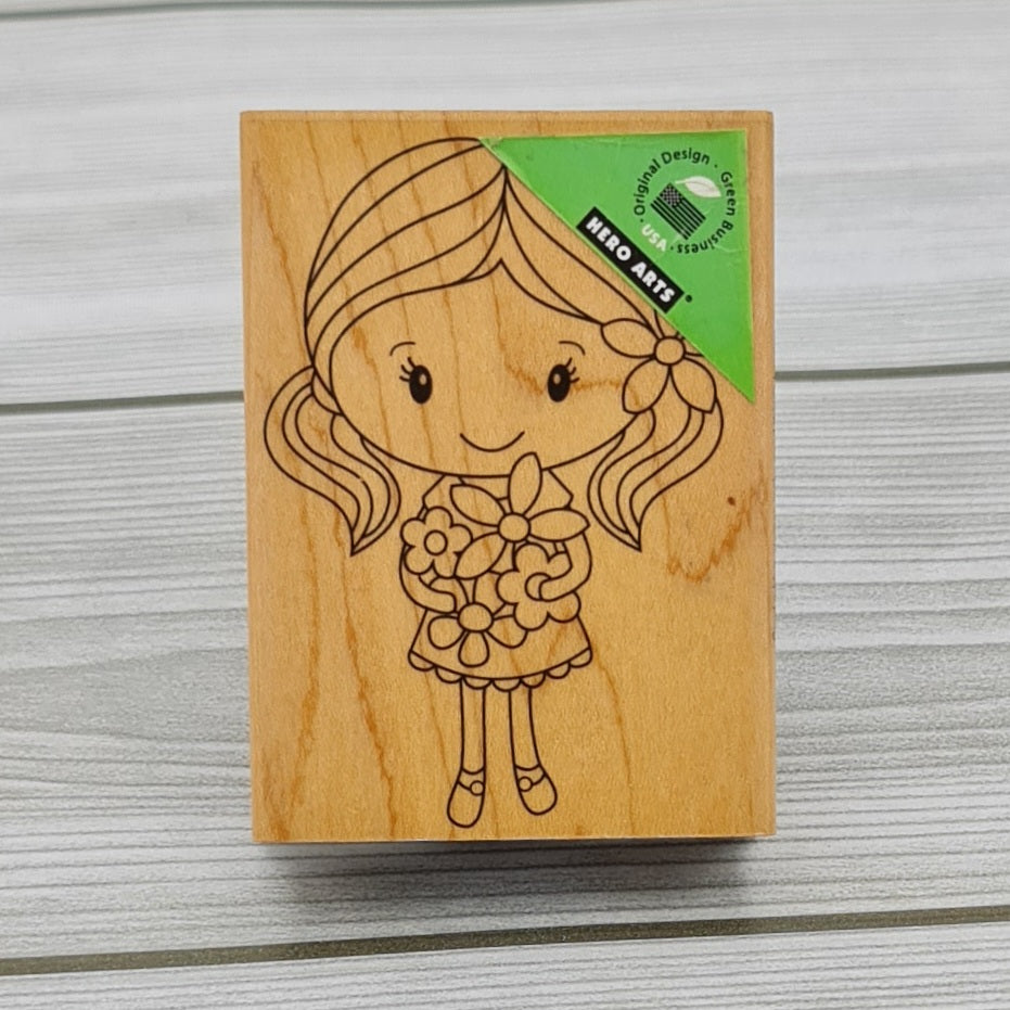 Wooden stamp hero arts girl with flowers